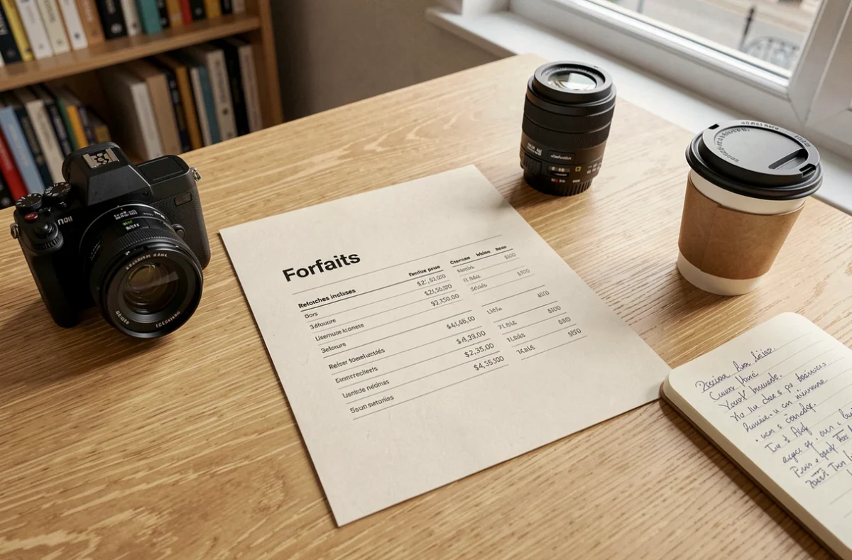 Brochure de tarifs d'un photographe professionnel à Vitré posée sur un bureau avec matériel photo
