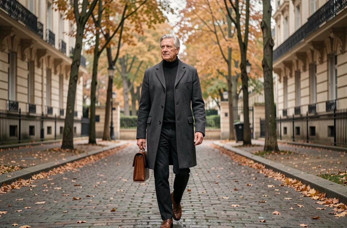 Homme élégant aux cheveux argentés marchant dans une rue parisienne pavée en automne, évoquant le quotidien discret de Thierry Breton