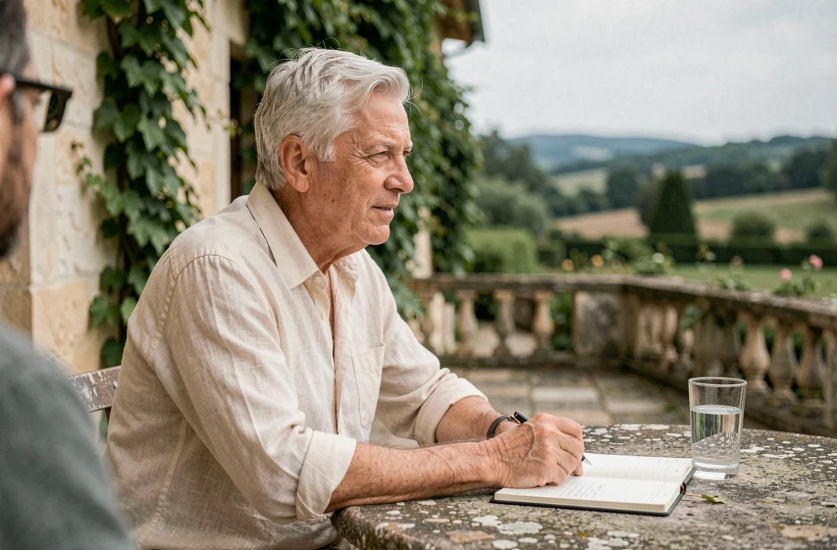 Homme aux cheveux argentés en chemise de lin assis sur une terrasse en pierre d'un domaine de campagne français, carnet ouvert, dans un moment de détente et de réflexion