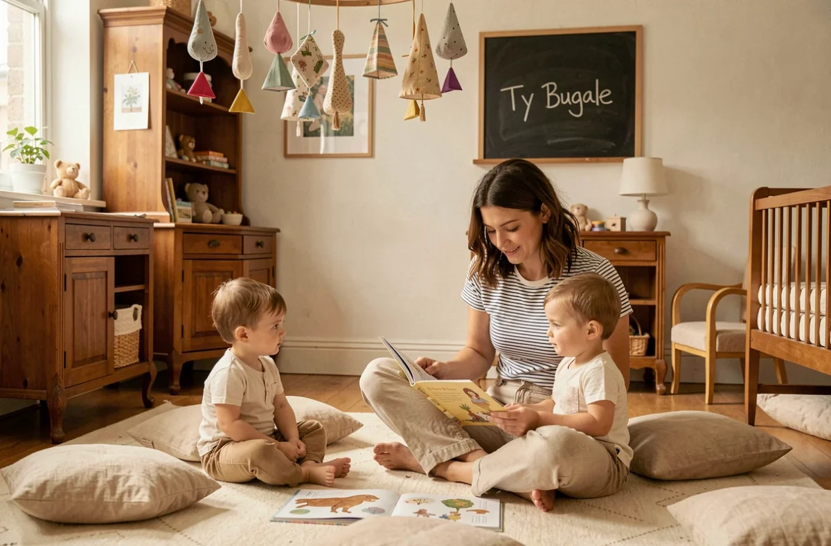 Parent bénévole lisant une histoire à des tout-petits dans la crèche parentale historique Ty Bugale à Rennes