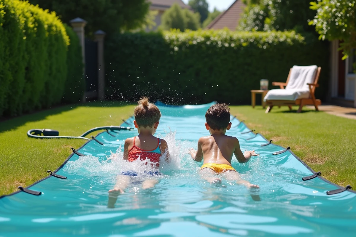 Famille utilisant une bâche ventriglisse dans un jardin résidentiel en été, avec arrosage par tuyau d'arrosage